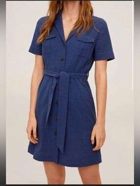 Mango Navy Textured Shirt Dress with Tie Belt